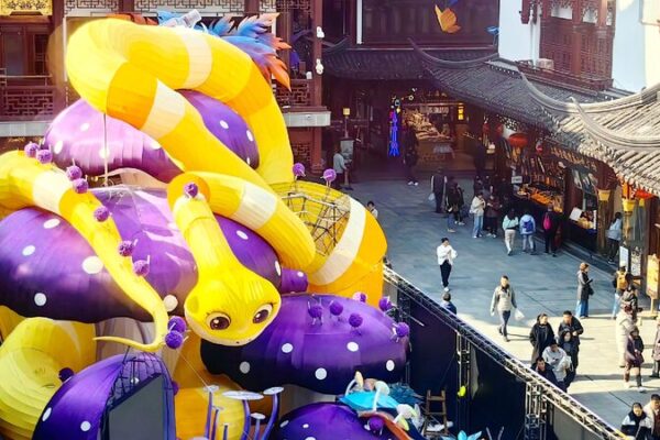 Snake-shaped lantern installation set up at Yuyuan Garden in Shanghai