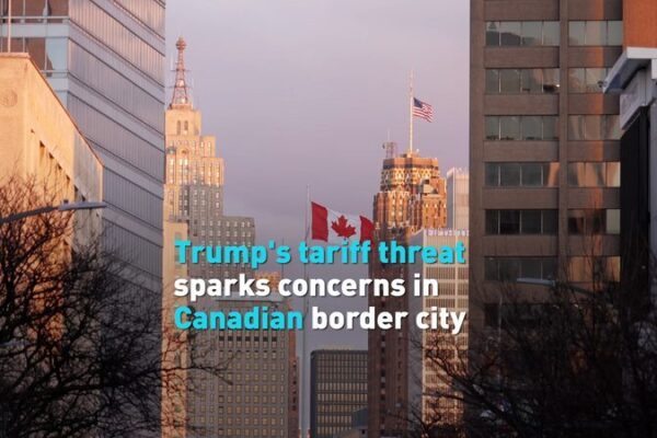 Trump’s 25% Tariff Threat Sparks Border City Concerns Trump's tariff threat sparks concerns in Canadian border city video poster