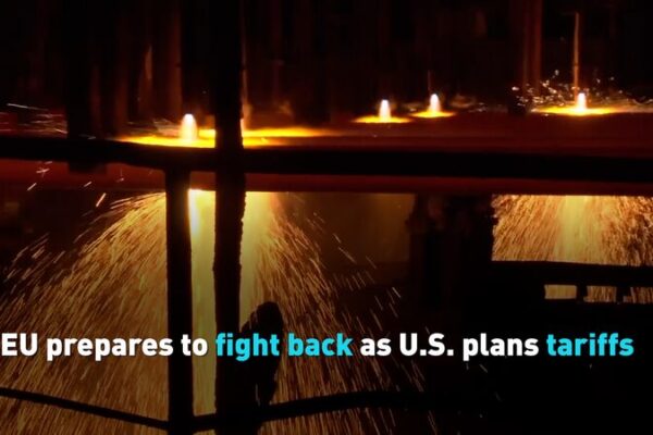 EU Gears Up to Counter US Tariffs, Raising Fears of Trade War EU prepares to fight back as U.S. plans tariffs video poster