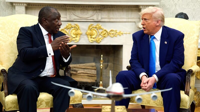 Trump’s Comments on South Africa’s Land Reform Spark Diplomatic Tensions Trump confronts South African president with conspiracy claims video poster